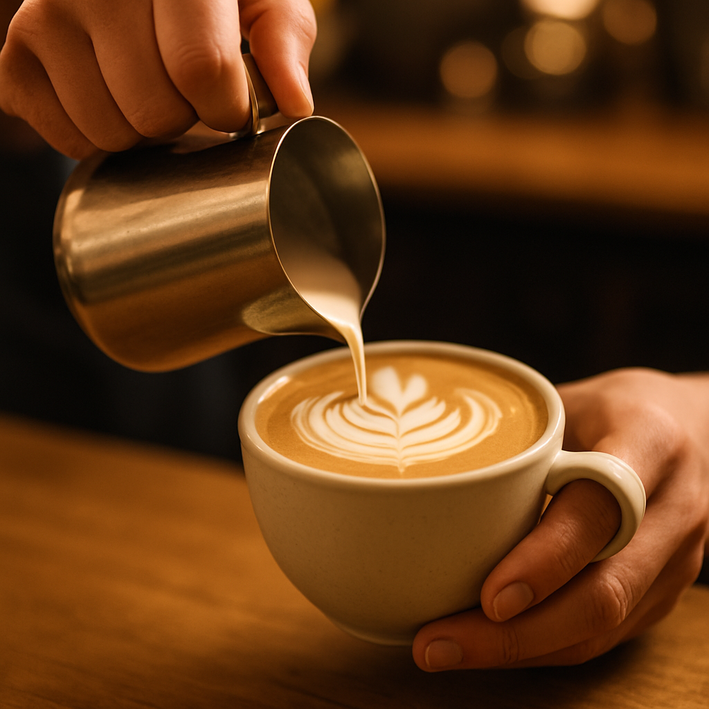 Barista crafting latte art at Grounds Cafe